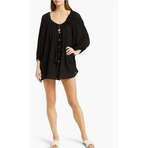 Vitamin A 'Costa' Cover-Up Tunic Shirt, Cotton Crinkle, Black Sz S NWT $128